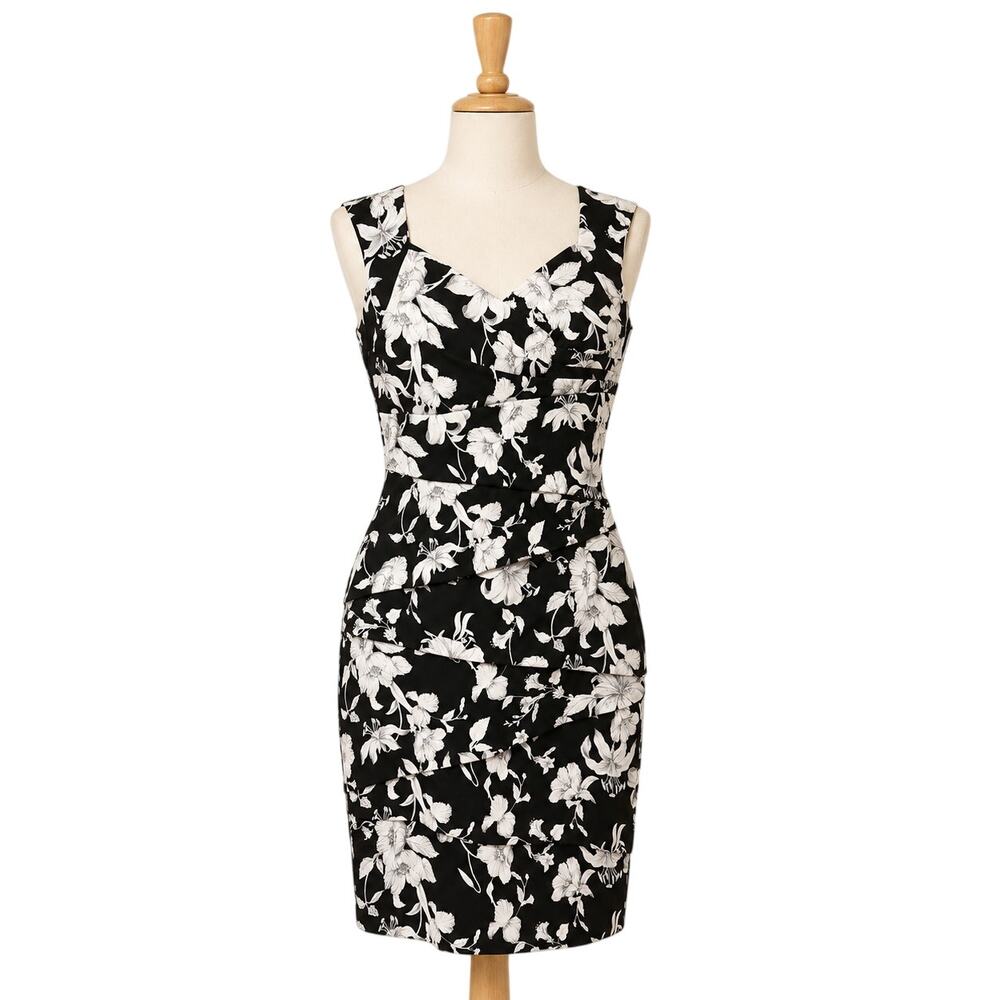 White House Black Market Floral Sheath Dress Sz 6 Black White Sweetheart Slim